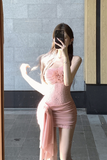 Charming One - Shoulder Blush Ruffled Lace Mini Dress