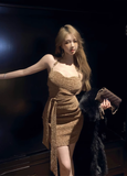 Gorgeous Sparkling Gold Halter Neck Ruched Mini Dress