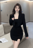 Stylish Black Crop Blazer with Bodycon Mini Dress Set