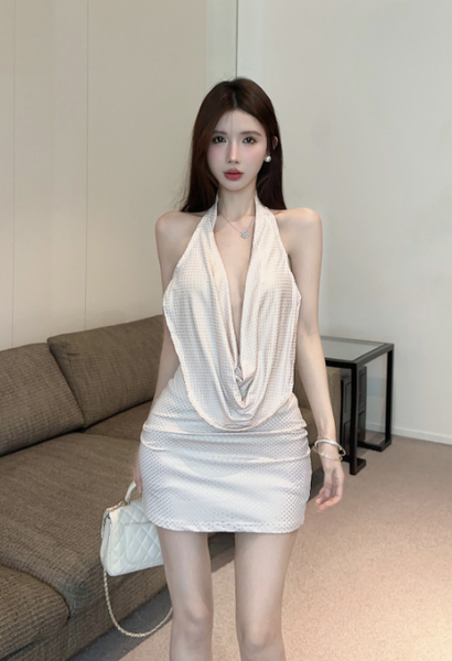Elegant Cowl - Neck Ivory Textured Bodycon Dress