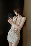 Elegant Cowl - Neck Ivory Textured Bodycon Dress