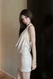 Elegant Cowl - Neck Ivory Textured Bodycon Dress