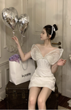 Elegant V - Neck White Sparkle Mini Dress with Mesh Wings