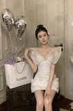 Elegant V - Neck White Sparkle Mini Dress with Mesh Wings