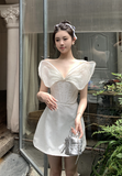 Elegant V - Neck White Sparkle Mini Dress with Mesh Wings