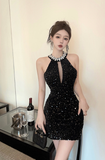 Glamorous Halter Neck Black Sequin Mini Dress with Cutout