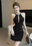 Glamorous Halter Neck Black Sequin Mini Dress with Cutout