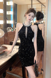 Glamorous Halter Neck Black Sequin Mini Dress with Cutout