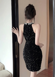 Glamorous Halter Neck Black Sequin Mini Dress with Cutout