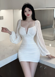 Stylish Deep - V White Bodycon Dress with Puffy Chiffon Sleeves