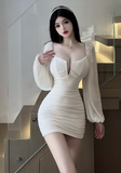Stylish Deep - V White Bodycon Dress with Puffy Chiffon Sleeves