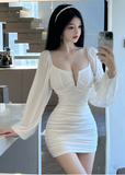 Stylish Deep - V White Bodycon Dress with Puffy Chiffon Sleeves