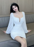 Stylish Deep - V White Bodycon Dress with Puffy Chiffon Sleeves