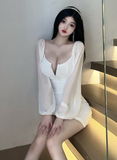 Stylish Deep - V White Bodycon Dress with Puffy Chiffon Sleeves