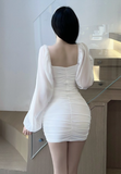 Stylish Deep - V White Bodycon Dress with Puffy Chiffon Sleeves