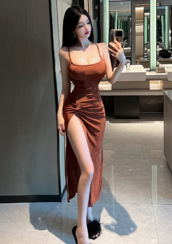 Stylish Spaghetti - Strap Copper Ruched Slit Maxi Dress
