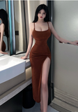 Stylish Spaghetti - Strap Copper Ruched Slit Maxi Dress