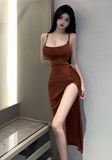 Stylish Spaghetti - Strap Copper Ruched Slit Maxi Dress