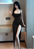 Stylish Spaghetti - Strap Copper Ruched Slit Maxi Dress