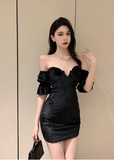 Stylish Off - Shoulder Black Shimmery Bodycon Mini Dress