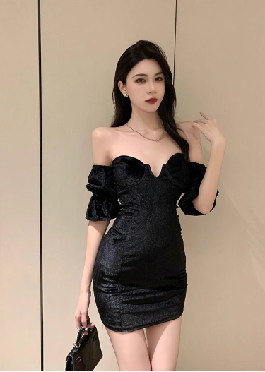 Stylish Off - Shoulder Black Shimmery Bodycon Mini Dress
