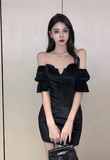 Stylish Off - Shoulder Black Shimmery Bodycon Mini Dress