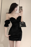 Stylish Off - Shoulder Black Shimmery Bodycon Mini Dress
