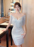 Stylish V - Neck Shimmery Silver Fringe Bodycon Dress