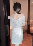 Stylish V - Neck Shimmery Silver Fringe Bodycon Dress