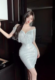 Stylish V - Neck Shimmery Silver Fringe Bodycon Dress