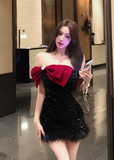 Stylish Sparkling Black Mini Dress with Plush Trim and Bow