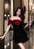 Stylish Sparkling Black Mini Dress with Plush Trim and Bow