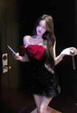 Stylish Sparkling Black Mini Dress with Plush Trim and Bow