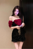 Stylish Sparkling Black Mini Dress with Plush Trim and Bow
