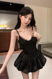 Stylish Spaghetti - Strap Black Mini Dress with Flared Skirt