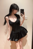 Stylish Spaghetti - Strap Black Mini Dress with Flared Skirt