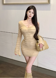 Stylish Off - Shoulder Beige Lace Bodycon Mini Dress