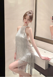 Elegant Halter Neck Silver Fringe Mini Dress for Party