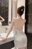Elegant Halter Neck Silver Fringe Mini Dress for Party