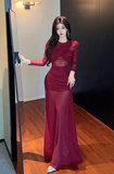Elegant Long - Sleeve Burgundy Mesh Maxi Dress with Ruches