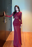 Elegant Long - Sleeve Burgundy Mesh Maxi Dress with Ruches
