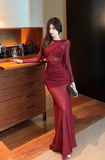 Elegant Long - Sleeve Burgundy Mesh Maxi Dress with Ruches