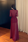 Elegant Long - Sleeve Burgundy Mesh Maxi Dress with Ruches
