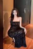 Stylish Tube - Top Black Jacquard Bodycon Gown for Parties