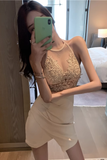 Chic Halter Dress with Floral Lace Top and Asymmetric Skirt