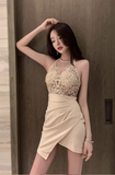 Chic Halter Dress with Floral Lace Top and Asymmetric Skirt