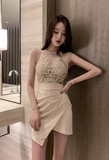 Chic Halter Dress with Floral Lace Top and Asymmetric Skirt
