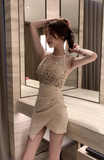 Chic Halter Dress with Floral Lace Top and Asymmetric Skirt
