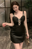 Elegant Black Bodycon Dress with Crystal - Embellished Accents