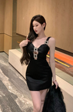 Elegant Black Bodycon Dress with Crystal - Embellished Accents